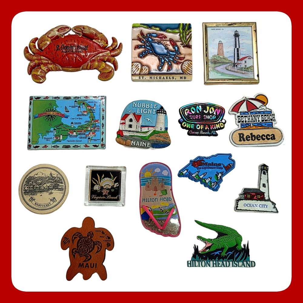 14 Coastal Travel Souvenir Refrigerator Magnets Lot Beach Lighthouse Crab Surf